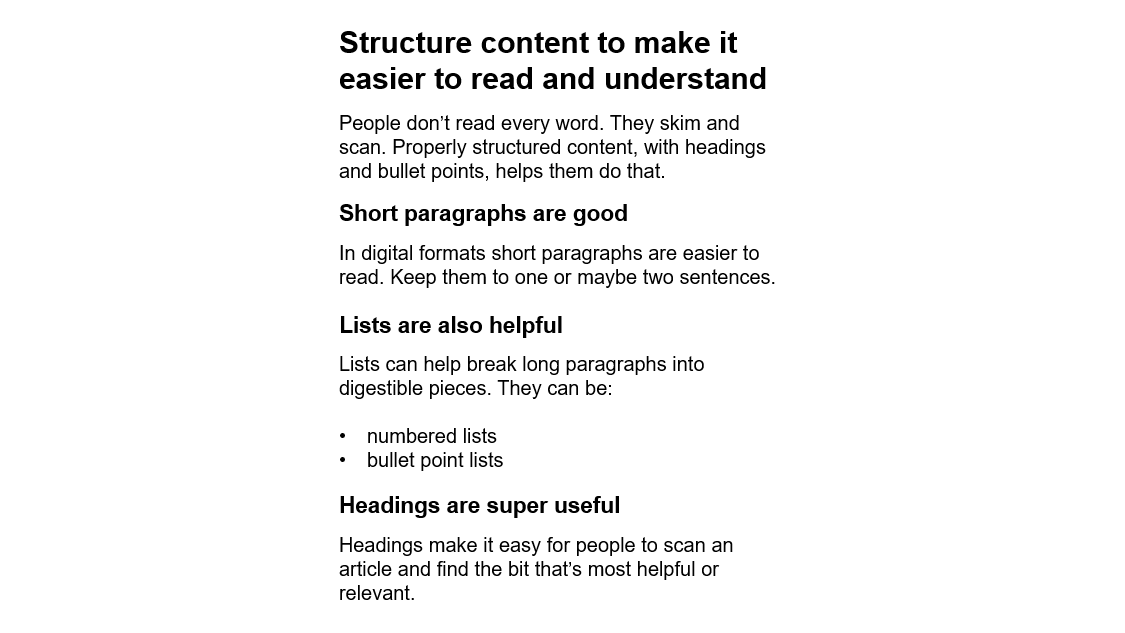 Exactly the same text broken up with headings, subheadings, bullet lists and shorter paragraphs. It is much easier to skim and digest.
