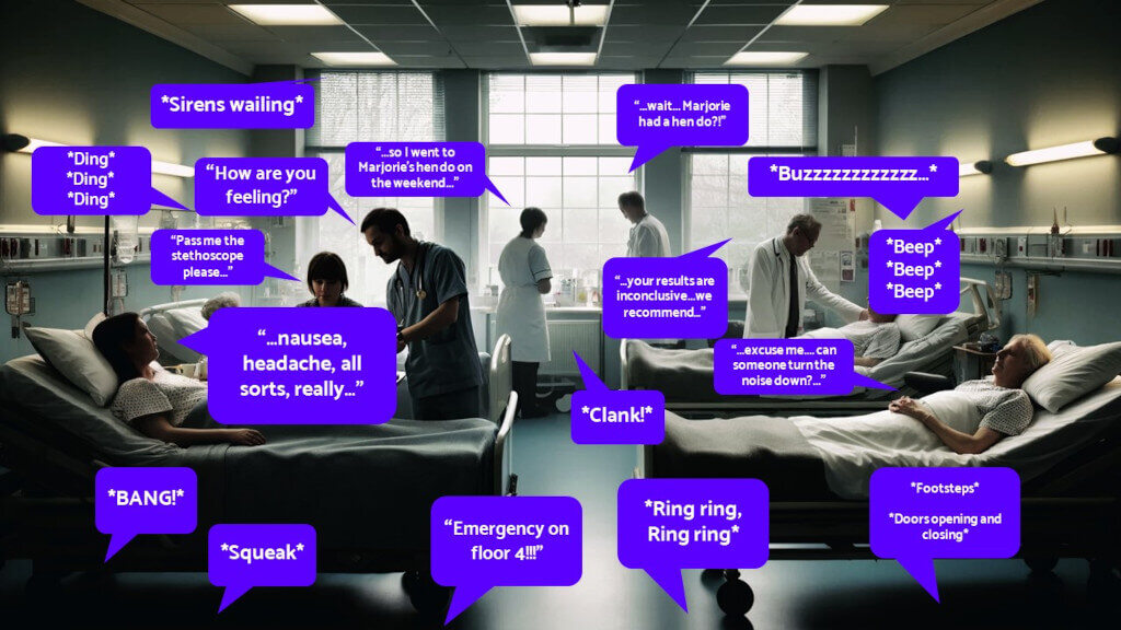 A busy hospital ward scene with nurses and patients talking, surrounded by sounds of beeping machines, ringing phones, and other hospital noises.