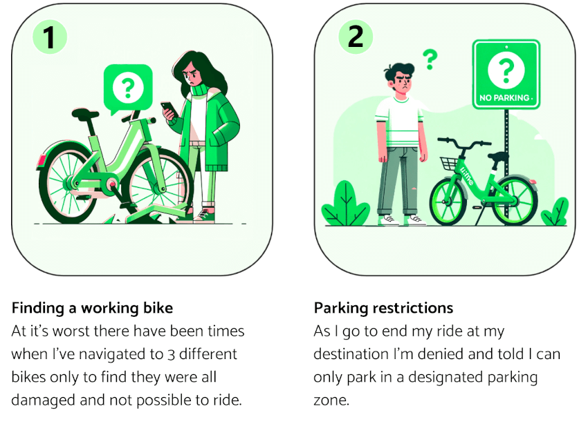 A two-part infographic illustrating challenges with a bike-sharing service. Finding a working bike: Illustration of a user puzzled by a malfunctioning bike, with text narrating the difficulty in finding a bike that isn't damaged. Parking restrictions: Depicts a user confused by a 'No Parking' sign near a bike, with text about the inconvenience of being restricted to designated parking zones.