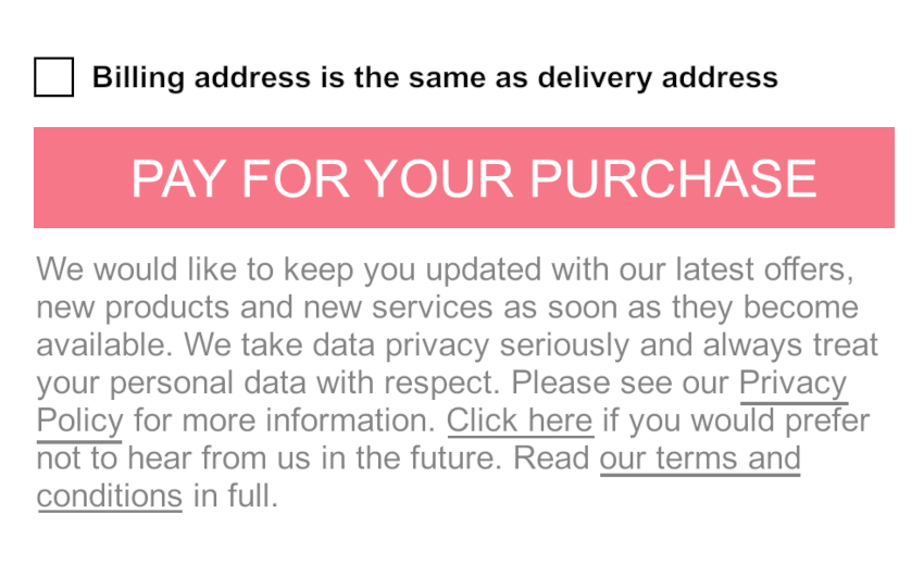 A button that reads 'Pay for your purchase' with a block of text below. Hidden in that text is a link to find out more about communications preferences.