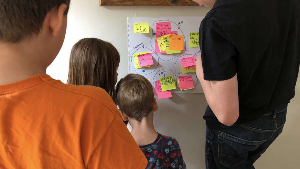 Children sticking sticky notes on a whiteboard.