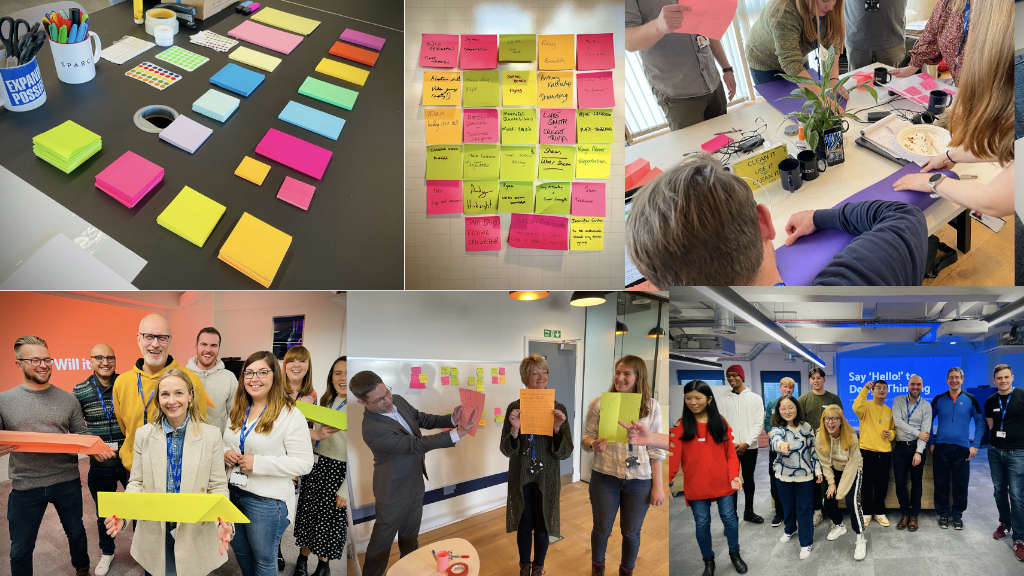 A collage of photos from design thinking workshops with groups of happy people throwing paper aeroplanes.