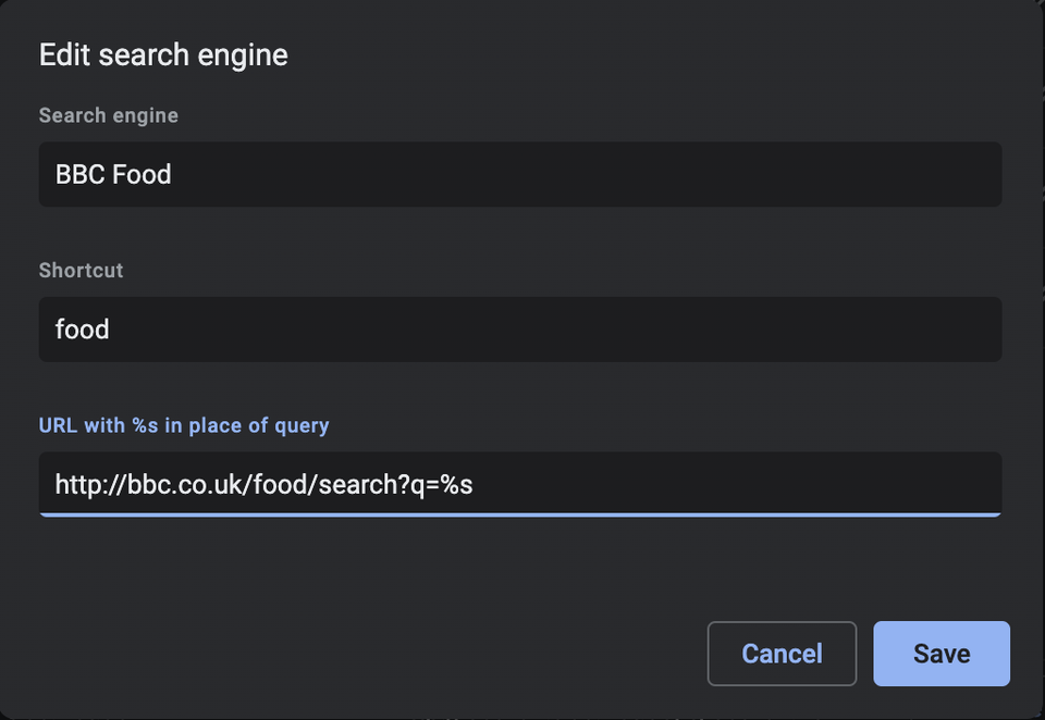 The Site Search configuration box configured to search the BBC Food website. The search engine box is populated with "BBC Food", the shortcut with "food", and the URL with "http://bbc.co.uk/food/search?q=apples"