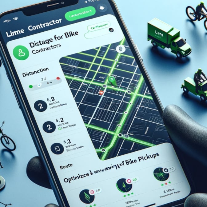 A visual of an app that shows contractors information about Lime Bikes and the priority in which they should be picked up for repair, created with the DALL-E AI image generator.