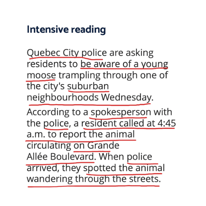 Intensive reading: The eye takes in almost every word in the article, only skipping connecting phrases and descriptive text.