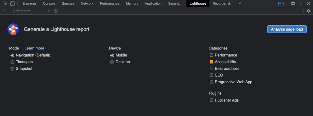 A screenshot of the Lighthouse tab in Chrome's developer tools. Visible are the tabs, the heading "Generate a Lighthouse report" and analysis options, in which "navigation", "mobile", and "accessibility" are all selected.