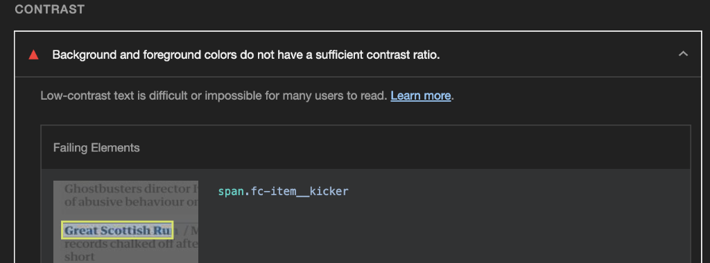 A colour contrast error highlighted by Lighthouse. The text reads: "Background and foreground colours do not have a sufficient contrast ratio. Low-contrast text is difficult or impossible for many users to read."