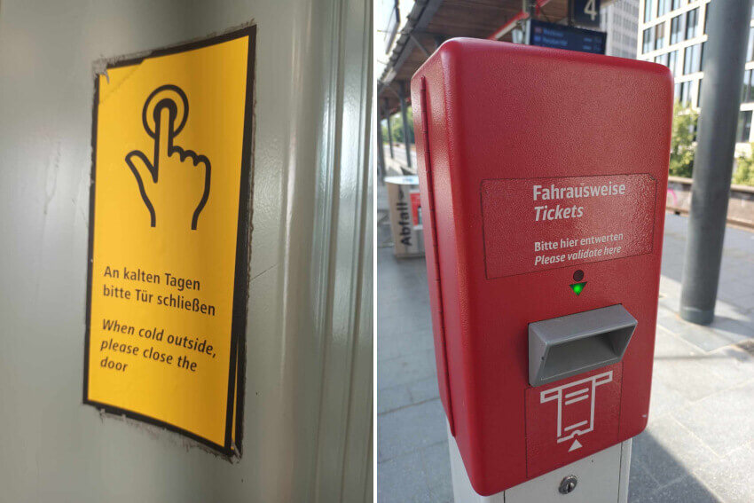 Two signs, one asking people to close the train door in cold weather, the other asking people to validate their tickets before boarding the train.