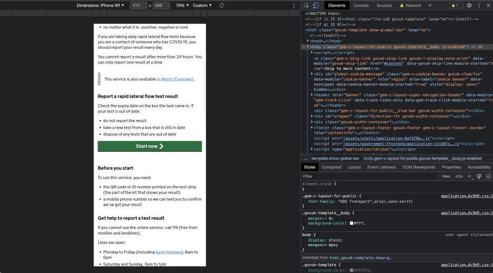 A screenshot of the Chrome developer tools showing resized viewport based on the iPhone XR's width and height.