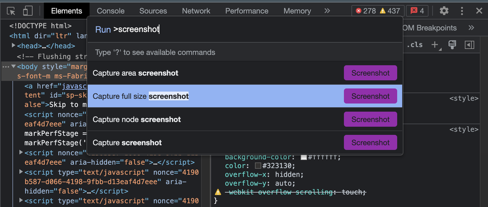 The command menu in Chrome's Developer tools, showing the options: "capture area screenshot", "capture full size screenshot", "capture node screenshot", "capture screenshot".