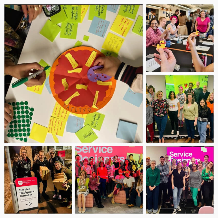 A collage of photos from Service Designers Connect meetings with lots of smiling faces and workshop activities.