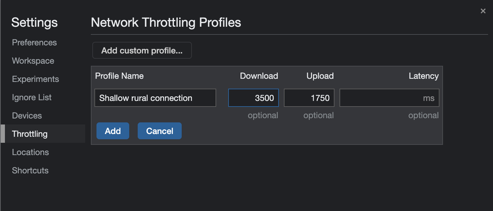 The form within Chrome's developer tools for setting up a custom network throttling profile. The profile being configured is called "Shallow rural connection" and has a 3500 kbit/s download and 1750 kbit/s upload speed.