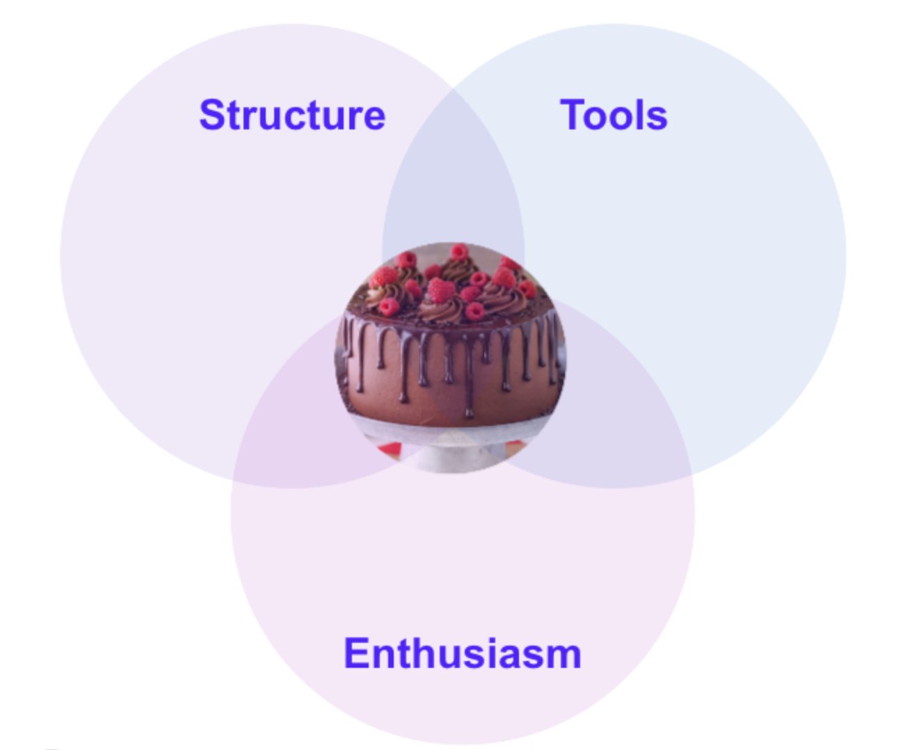 A ven diagram showing the intersection of structure, tools and enthusiasm being a cake