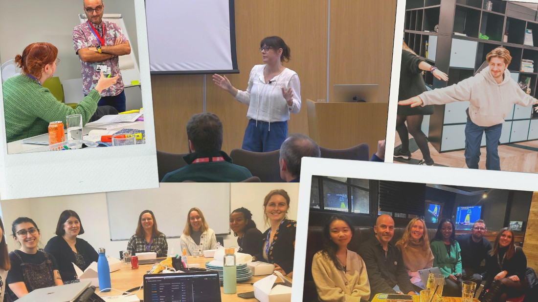 A collage of photos of Sparck people in workshops, presenting at conferences, socialising, and meeting in the office.
