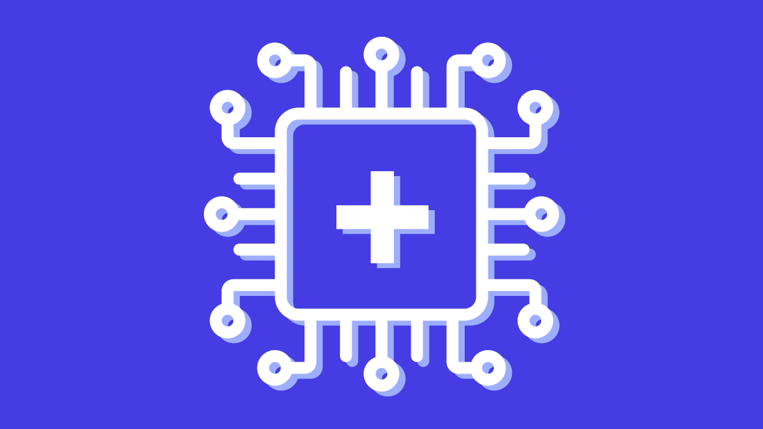 A circuit board with a cross in the centre, representing AI and healthcare.