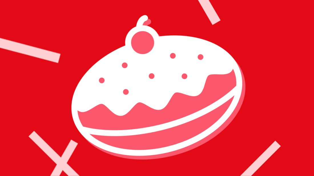 A filled doughnut with a frosted topping and a cherry.