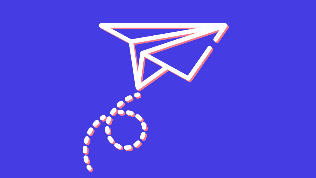 Icon style illustration of a paper aeroplane looping through the air, representing messaging.