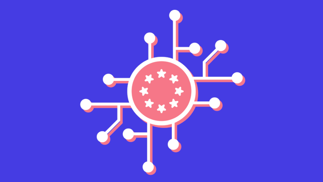 A network of nodes and data with a version of the EU flag at its centre.