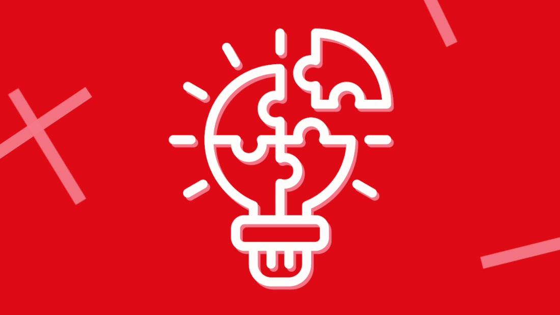 Icon style illustration representing problem solving: a light bulb (idea) as a jigsaw puzzle.